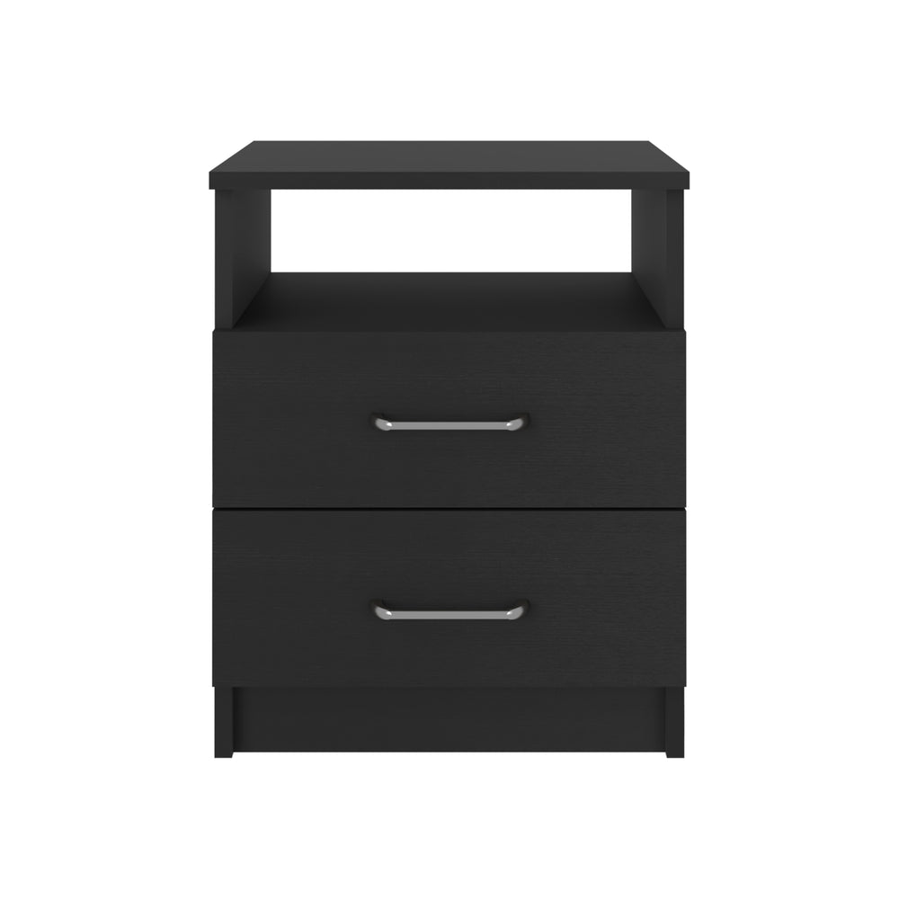 English Elm Nightstand Olivenza - Modern Two-Drawer Design With Open Shelf In Elegant Black Wengue Finish B092122819