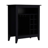 English Elm Bar Cabinet Castle, One Open Shelf, Six Wine Cubbies, Black Wengue Finish