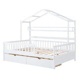 English Elm Wooden Full Size House Bed With 2 Drawers,Kids Bed With Storage Shelf, White