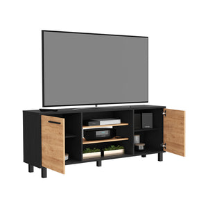 English Elm Tv Stand Washington 65" Top Surface, White Particle Board, 4 Shelves, Cabinets, Metal Legs, Durable Finish B092123103