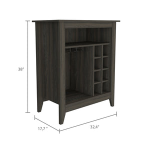 English Elm Bar Cabinet Castle with Six Wine Cubbies and Open Shelf, Elegant Wengue Finish, Decorative Top Espresso B092122884