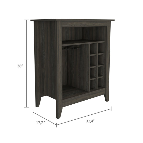 English Elm Bar Cabinet Castle with Six Wine Cubbies and Open Shelf, Elegant Wengue Finish, Decorative Top Espresso B092122884
