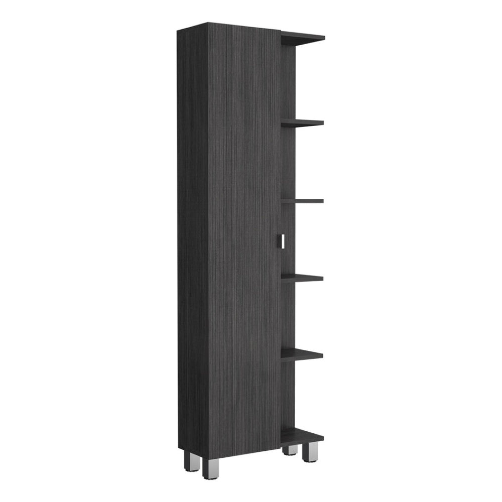 English Elm Corner Storage Cabinet with Five Open Shelves Single Door Smoky Oak Wood Finish B092123110