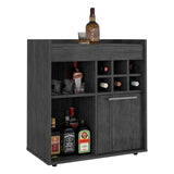 English Elm Bar Cabinet Dext, Two Concealed Shelves, Six Wine Cubbies, Light Gray Finish