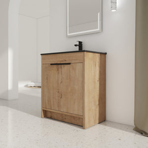English Elm 30" Freestanding Bathroom Vanity With Black Ceramic Basin & Soft-Close Doors For Modern Spaces W999S00103