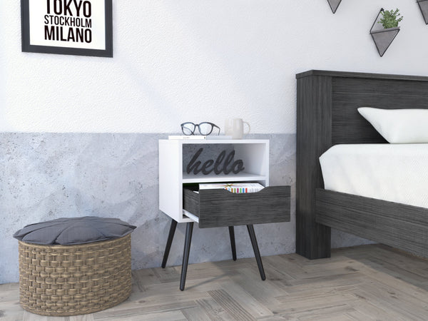 English Elm Nightstand With Open Shelf & Drawer In Smokey Oak And White - Modern Storage Solution For Bedrooms B092122934