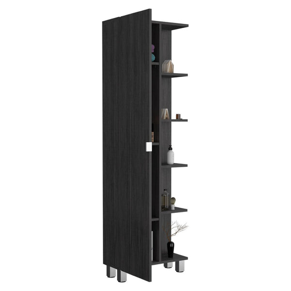 English Elm Corner Storage Cabinet with Five Open Shelves Single Door Smoky Oak Wood Finish B092123110