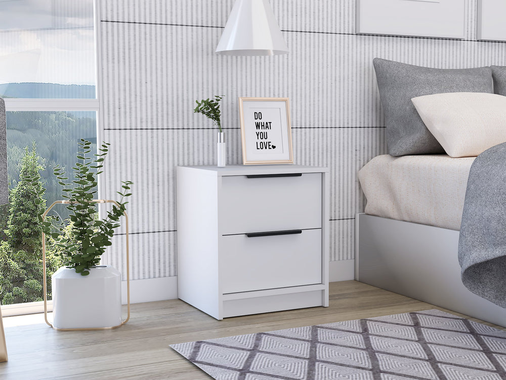 English Elm Nightstand With Two Drawers, Sleek Metal Handles, White Finish For Modern Bedroom Storage Solutions B092122886