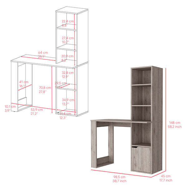 English Elm Computer Desk With Storage Cabinet & 4-Tier Bookcase - Light Gray, Space-Saving Workstation Solution B092123136