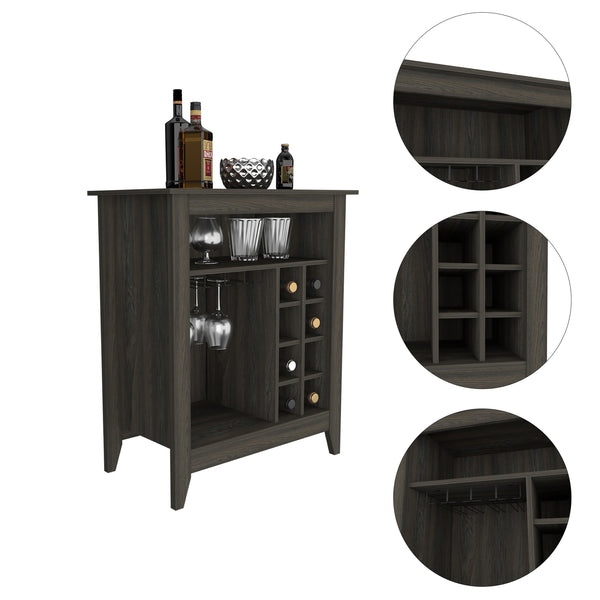 English Elm Bar Cabinet Castle with Six Wine Cubbies and Open Shelf, Elegant Wengue Finish, Decorative Top Espresso B092122884