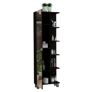 English Elm Mirror Linen Cabinet Reno 62" Tall Mirrored Door with Four Open Shelves and Adjustable Interior Storage Black B092123062