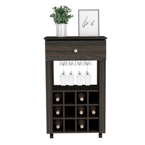 English Elm Bar Cart Bayamon, Twelve Wine Cubbies, Four Legs, Carbon Espresso Finish