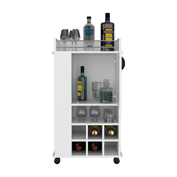 English Elm Bar Cart Reese with Smooth Casters, Six Wine Cubbies, Single Cabinet & Spacious Cocktail Surface White B092123139