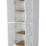 English Elm Double Kitchen Pantry Wallas, Double Door, Four Legs, Four Shelves, Light Oak / White Finish