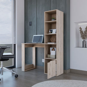 English Elm Computer Desk With Storage Cabinet & 4-Tier Bookcase - Light Gray, Space-Saving Workstation Solution B092123136
