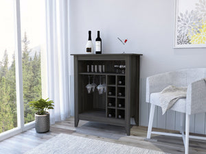 English Elm Bar Cabinet Castle with Six Wine Cubbies and Open Shelf, Elegant Wengue Finish, Decorative Top Espresso B092122884
