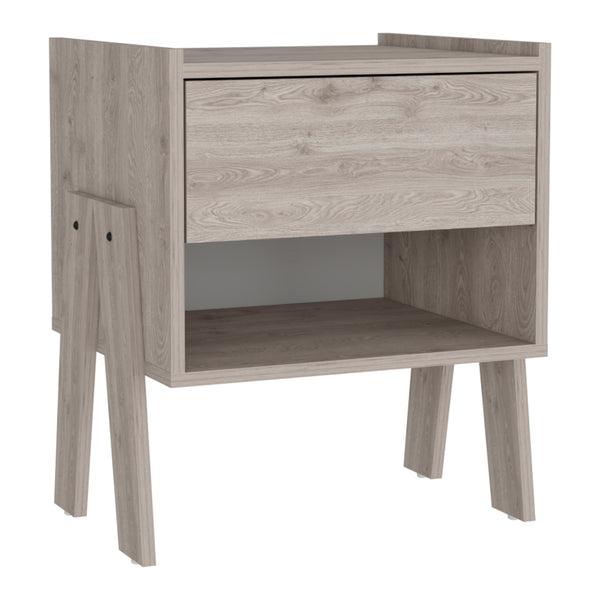 English Elm Nightstand Ferku - Modern Light Gray With Open Shelf & Drawer For Stylish Bedroom Storage Solutions B092122928