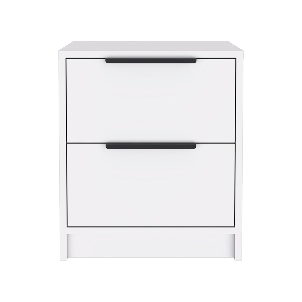 English Elm Nightstand With Two Drawers, Sleek Metal Handles, White Finish For Modern Bedroom Storage Solutions B092122886