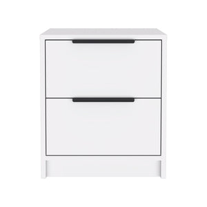 English Elm Nightstand With Two Drawers, Sleek Metal Handles, White Finish For Modern Bedroom Storage Solutions B092122886