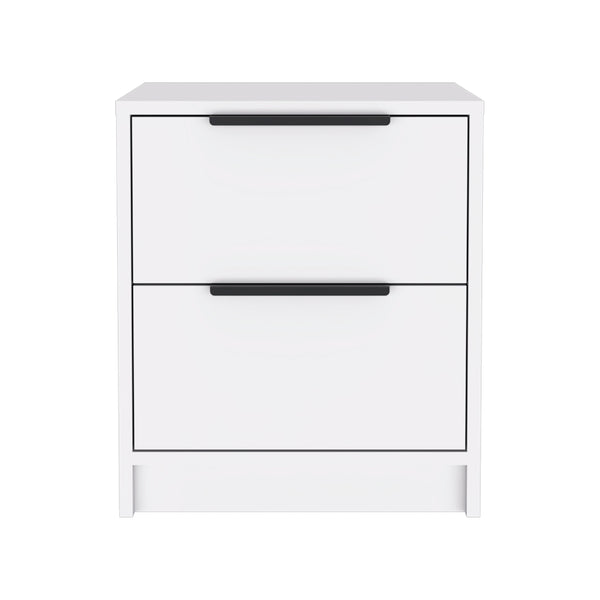 English Elm Nightstand With Two Drawers, Sleek Metal Handles, White Finish For Modern Bedroom Storage Solutions B092122886