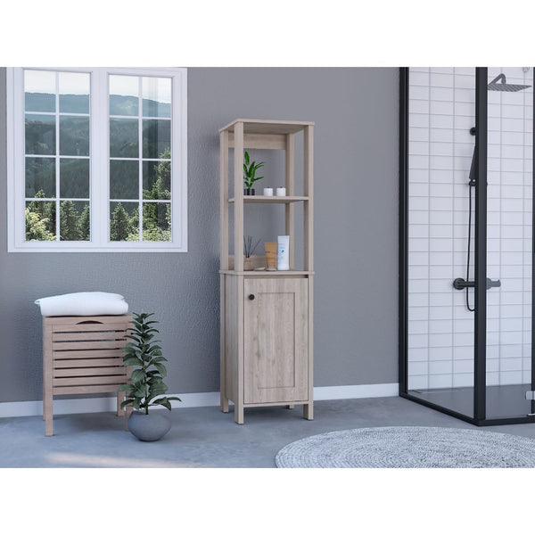 English Elm Linen Cabinet Jannes - Light Gray Finish, Two Open Shelves & Single Door For Stylish Bathroom Storage B092122957