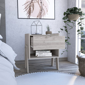 English Elm Nightstand Ferku - Modern Light Gray With Open Shelf & Drawer For Stylish Bedroom Storage Solutions B092122928