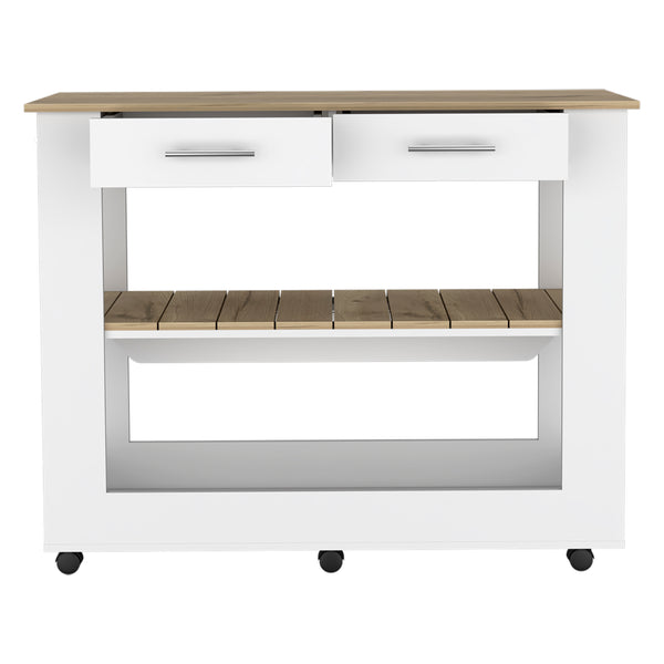 English Elm Kitchen Island 46 Inches Dozza - Stylish White & Light Oak With Storage Drawers & Locking Casters B092123277
