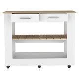 English Elm Kitchen Island 46 Inches Dozza, Two Drawers, White / Light Oak Finish