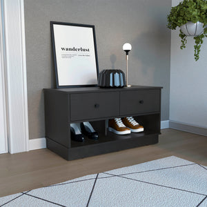 English Elm Storage Bench Beji with Two Drawers and Lower Shelf - Modern Entryway Seat with Shoe Storage and Elegant Finish Black B092122868