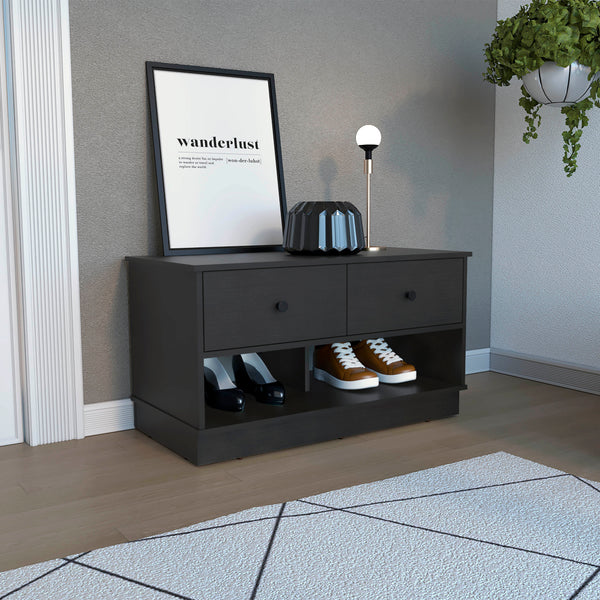 English Elm Storage Bench Beji with Two Drawers and Lower Shelf - Modern Entryway Seat with Shoe Storage and Elegant Finish Black B092122868
