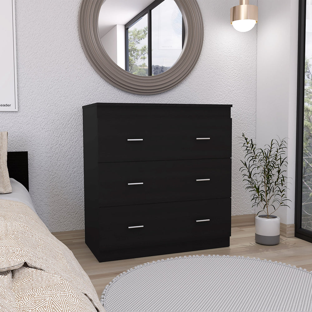 English Elm Three Drawer Litress Dresser with Metal Handles, Black Wengue Particle Board, Durable & Stylish Finish B092123041