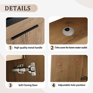 English Elm 30" Freestanding Bathroom Vanity With Black Ceramic Basin & Soft-Close Doors For Modern Spaces W999S00103