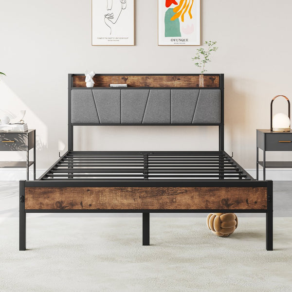 English Elm Full Platform Bed Frame with Storage Headboard and Charging Station, 11 Slats, Noise-Free, 400lb Durable Capacity W840120028