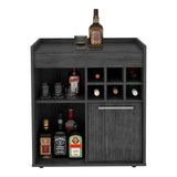 English Elm Bar Cabinet Dext, Two Concealed Shelves, Six Wine Cubbies, Light Gray Finish