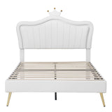 Hearth and Haven Full Size Upholstered Bed Frame with Led Lights, Modern Upholstered Princess Bed with Crown Headboard, White WF307962AAK