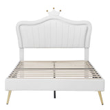 English Elm Full Size Upholstered Bed Frame With Led Lights,Modern Upholstered Princess Bed With Crown Headboard,White