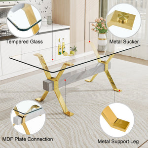 English Elm Dining Table - Modern Tempered Glass With Gold-Plated Metal Legs - Perfect For Home & Office Use! W1151S00353