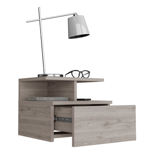 English Elm Floating Nightstand Flopini wall-mounted bedside table with drawer, space-saving shelf, durable design Light Gray B092123165