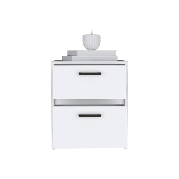 English Elm Nightstand With Two Drawers And Open Shelf - Elegant White Chequered Design For Stylish Storage Solutions B092123118