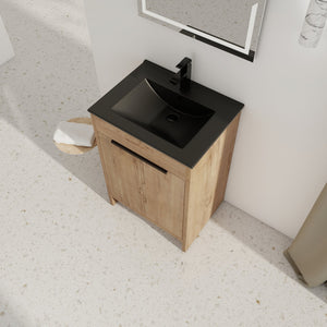 English Elm 24" Freestanding Bathroom Vanity with Black Ceramic Sink, Eco Plywood, Soft-Close Doors & Shelf W999S00102