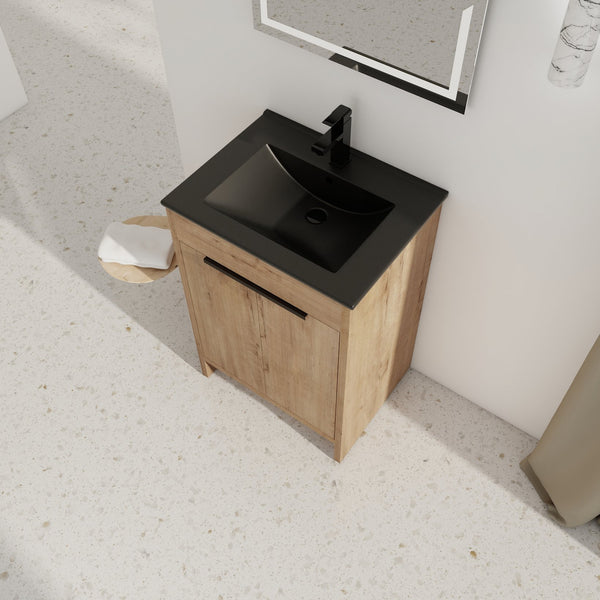 English Elm 24" Freestanding Bathroom Vanity with Black Ceramic Sink, Eco Plywood, Soft-Close Doors & Shelf W999S00102