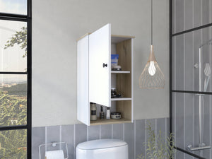 English Elm Medicine Cabinet Porto - Modern Light Oak & White Finish With Soft-Close Door & Open Shelf Storage B092123052