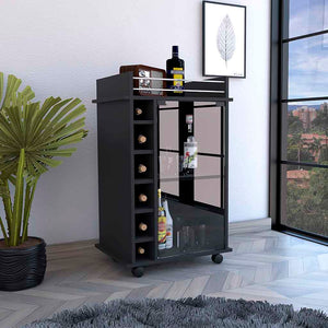 English Elm Bar Cart Baltimore Two-Tier Rolling Cabinet with Glass Door, Six Wine Cubbies & Metal Rail Top Black B092123021