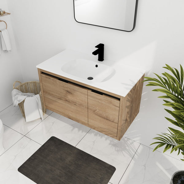 English Elm 36 Inch Floating Bathroom Vanity with Gel Basin, Soft-Close Doors & Drawers, Water-Resistant Ply Finish W99990145