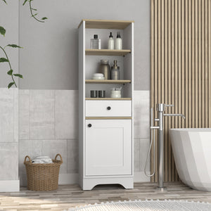English Elm Linen Cabinet With Multiple Shelves, Modern Light Oak & White Finish For Stylish Bathroom Storage B092122879