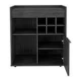 English Elm Bar Cabinet Dext, Two Concealed Shelves, Six Wine Cubbies, Light Gray Finish