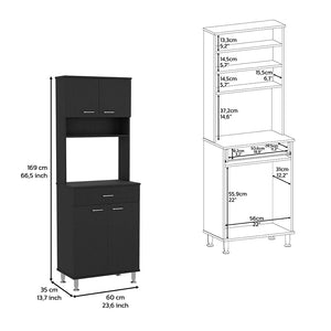 English Elm Pantry Piacenza multifunctional kitchen cabinet with microwave space, drawer, shelves for organized storage Black B092123040