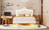 English Elm Full Size Upholstered Bed Frame With Led Lights,Modern Upholstered Princess Bed With Crown Headboard,White