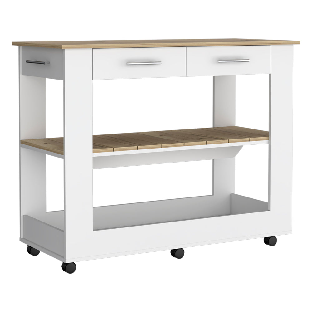 English Elm Kitchen Island 46 Inches Dozza - Stylish White & Light Oak With Storage Drawers & Locking Casters B092123277
