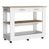 English Elm Kitchen Island 46 Inches Dozza, Two Drawers, White / Light Oak Finish